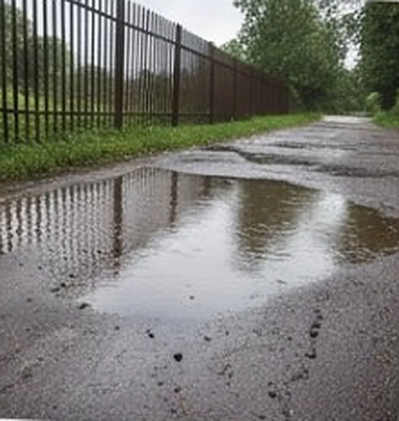 Rainwater pooled on the path beside a metal boundary fence