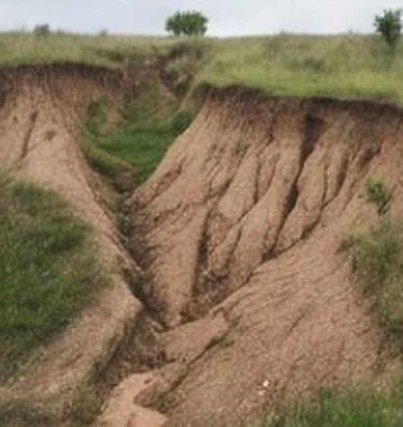 Exposed earth slope cut by a deep erosion gully